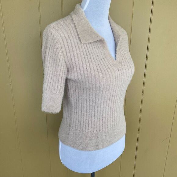 Bailey 44 women S elbow sleeve v-cut collar ribbed sweater tan brand new - Picture 2 of 8
